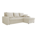 Canapé d'angle en tissu beige avec accoudoirs arrondis et coussins confortables.