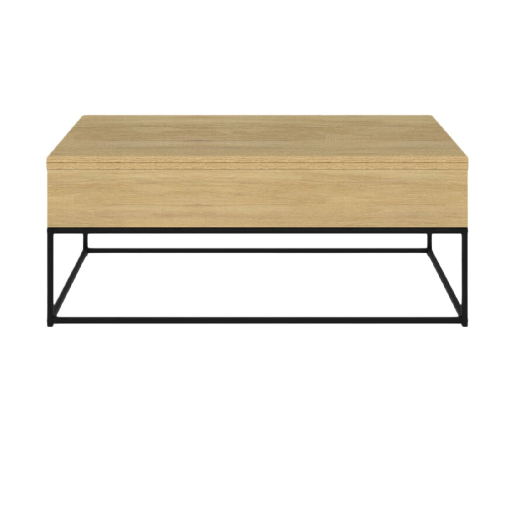 Table basse en bois clair avec structure en métal noir.